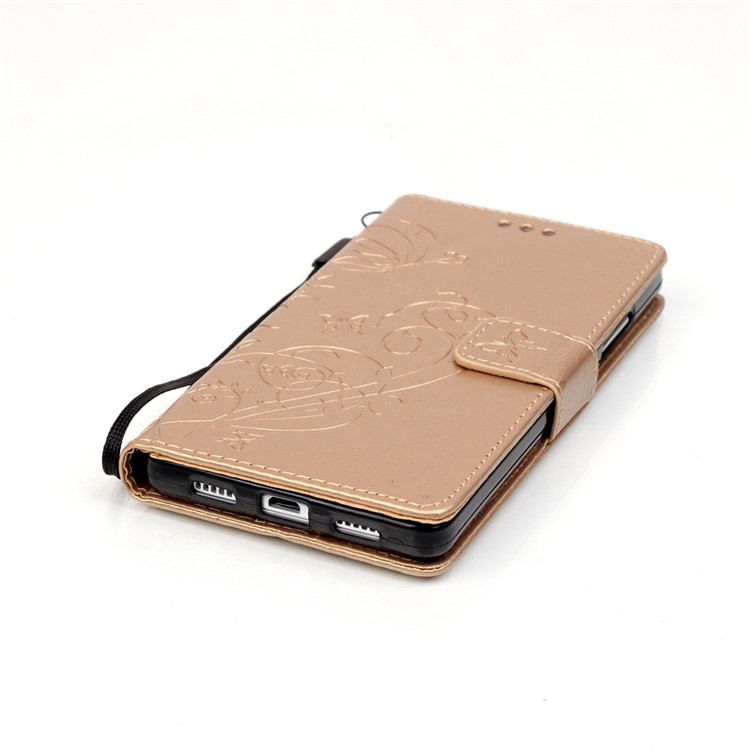 For Huawei Ascend P8 Lite Imprint Butterfly Plant Leather Case with Stand - Gold-8