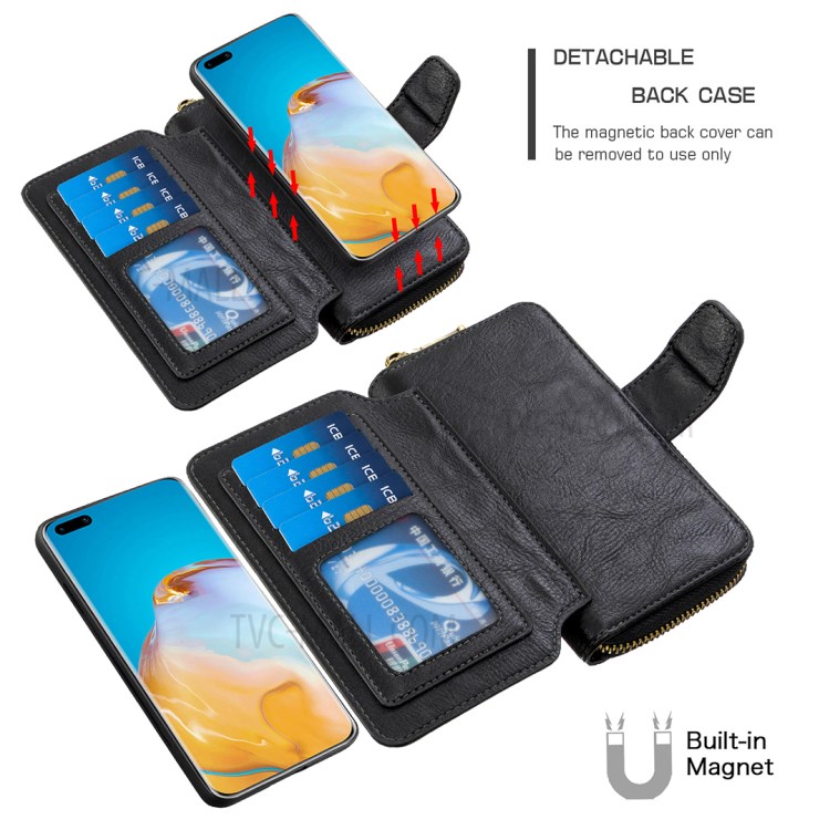 BF001 Leather Cover Anti-Gravity Zip Wallet Cell Phone Case for Huawei P40 Pro - Black-5