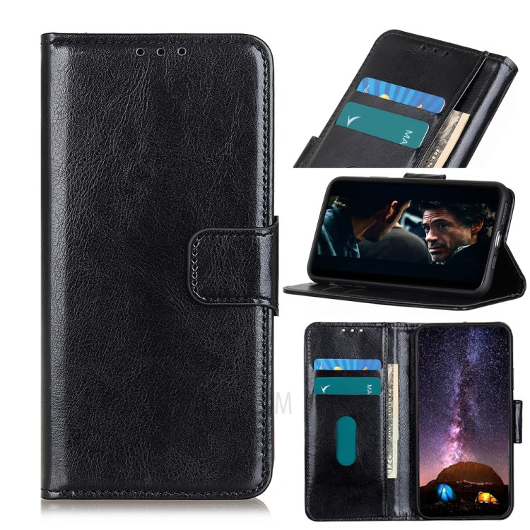 Crazy Horse Leather Wallet Cell Phone Case Protective Shell for Huawei Y6p - Black-1