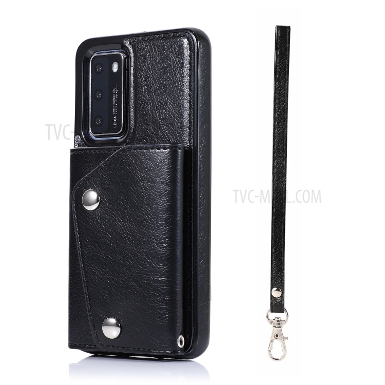 PU Leather Coated TPU Cover with Strap for Huawei P40 - Black-1