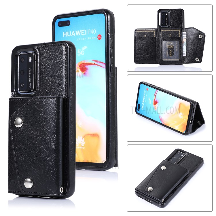 PU Leather Coated TPU Cover with Strap for Huawei P40 - Black-2