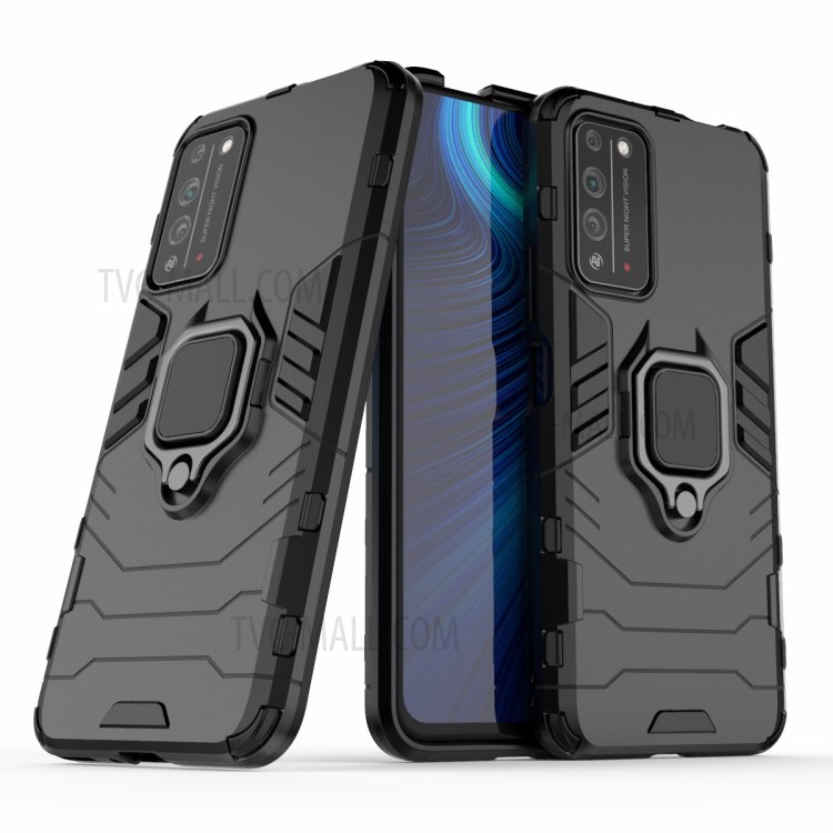 Cool Guard Ring Holder Kickstand PC TPU Hybrid Case Protective Shell for Honor X10 5G - Black-1