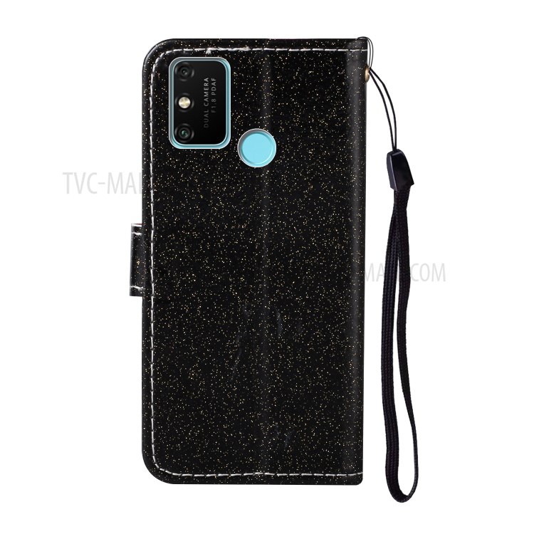 Glitter Powder Flower Decor Leather Stand Wallet Case for Honor 9A - Black-3