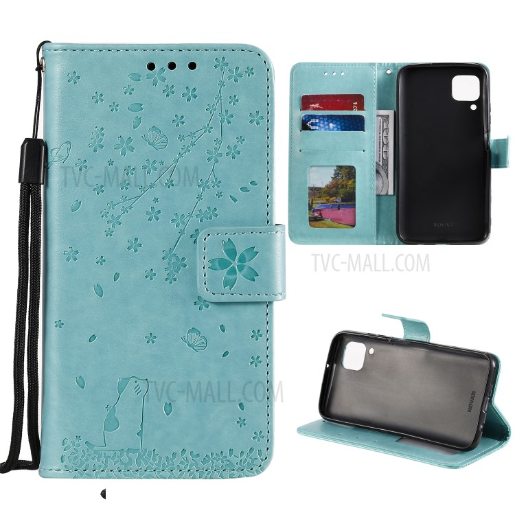 Imprint Sakura Cat Leather with Wallet Case for Huawei P40 lite/nova 6 SE/Nova 7i - Green-1