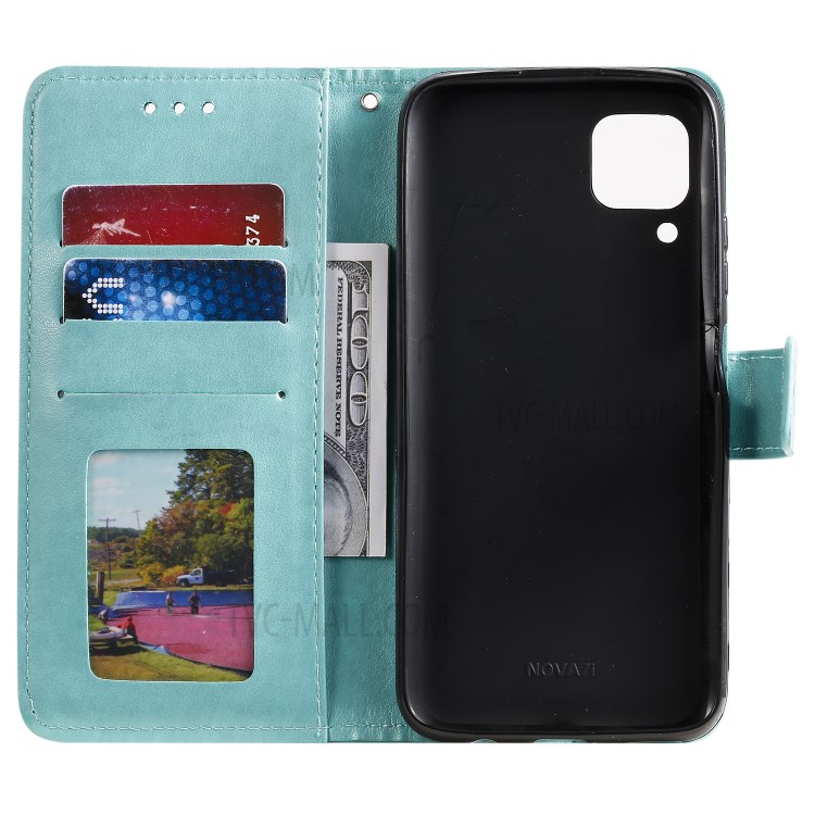 Imprint Sakura Cat Leather with Wallet Case for Huawei P40 lite/nova 6 SE/Nova 7i - Green-4