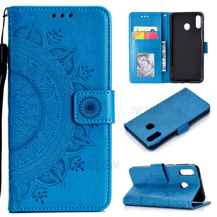 Imprint Flower Leather Phone Casing for Huawei Y6p - Blue-1