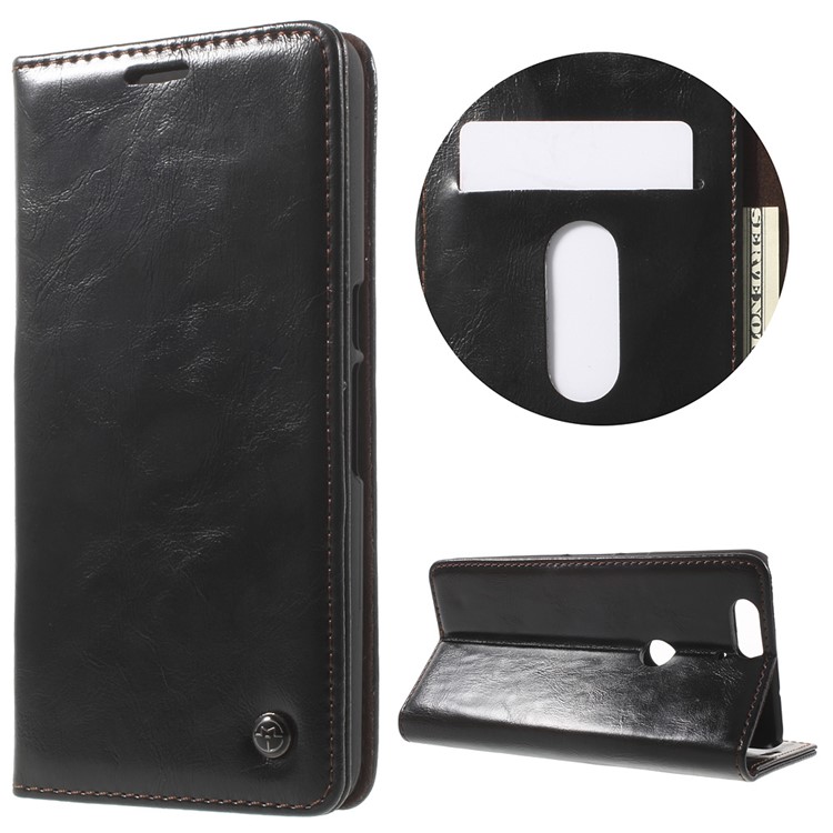 CASEME Oil Wax Flip Wallet Leather Stand Case for Huawei Nexus 6P - Black-1