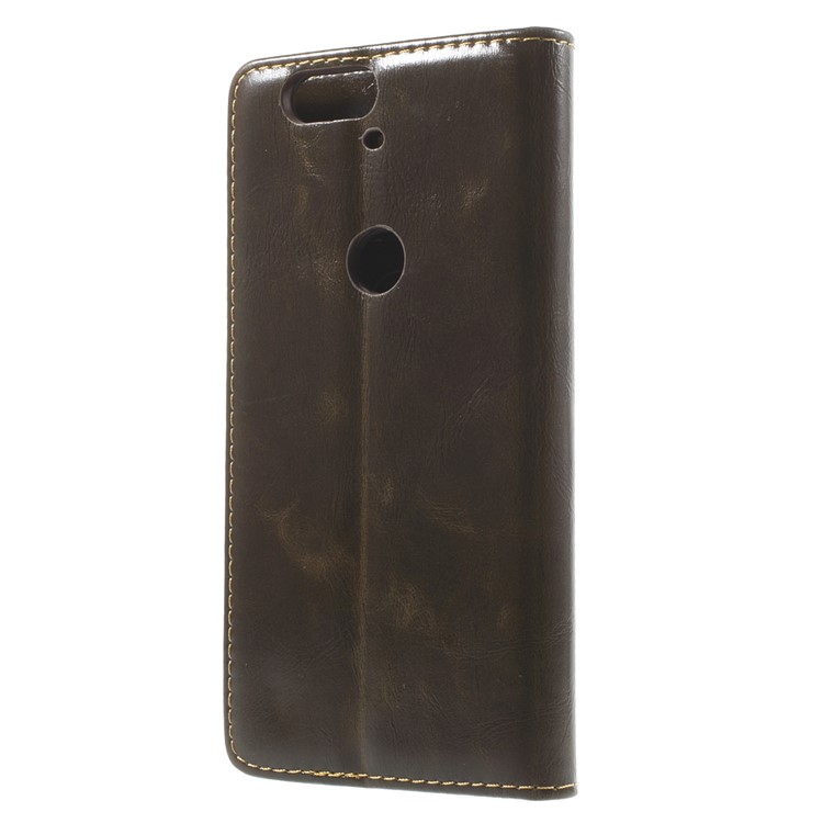 CASEME Oil Wax Flip Wallet Leather Stand Cover for Huawei Nexus 6P - Brown-2