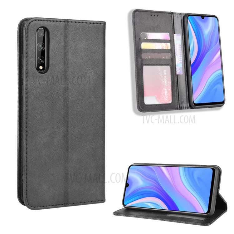 Auto-absorbed Vintage PU Leather Wallet Protection Cover for Huawei Y8p/ Enjoy 10s - Black-1