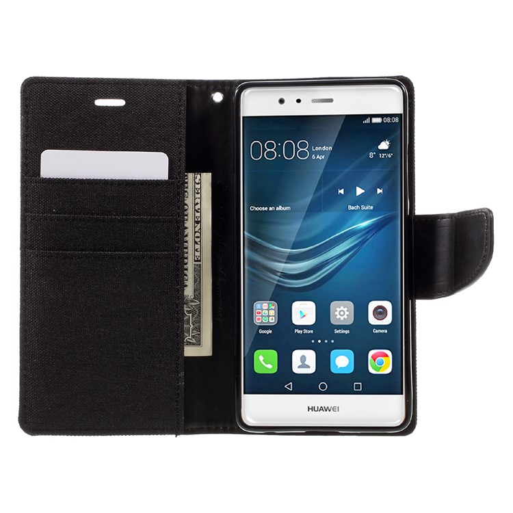 MERCURY GOOSPERY Canvas Wallet Stand Leather Case for Huawei P9 - Black-6