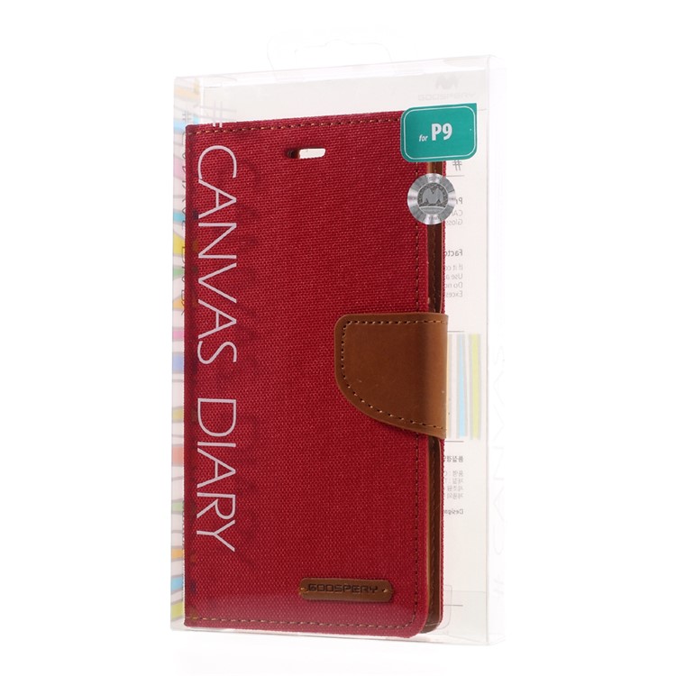 MERCURY GOOSPERY Canvas Wallet Stand Leather Shell for Huawei P9 - Red-11