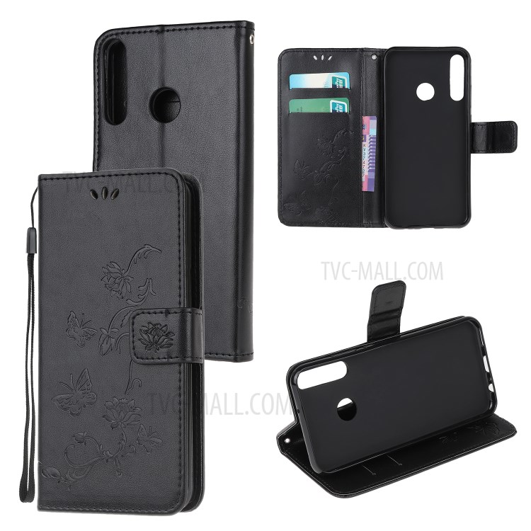 Imprint Butterfly Flower Leather Wallet Cell Phone Case for Huawei Y6p - Black-1