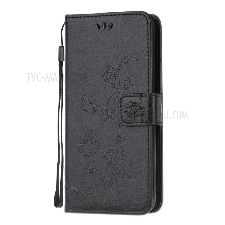 Imprint Butterfly Flower Leather Wallet Cell Phone Case for Huawei Y6p - Black-2