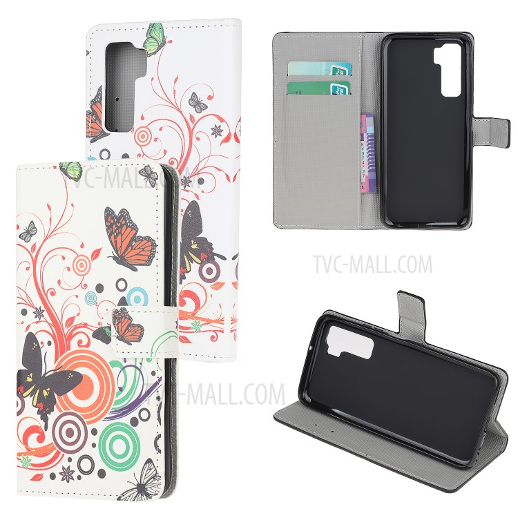 Estojo De Couro De Impressão Padrão Carteira Escudo Do Telefone Para Huawei P40 Lite 5g / Nova 7 SE - Borboleta E Círculo-1