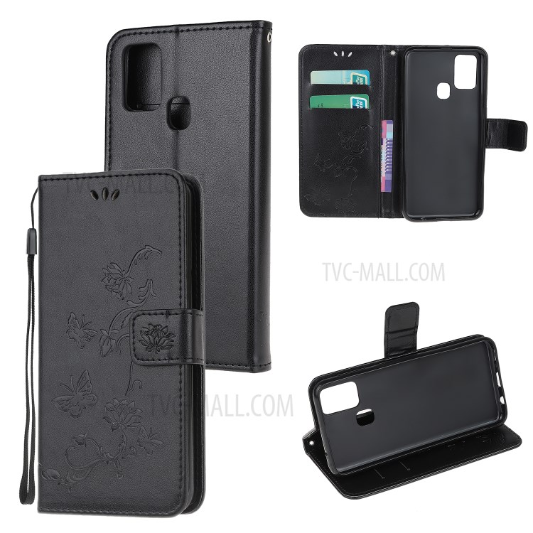 Imprint Butterfly Flower Wallet Leather Flip Case for Huawei P smart 2020 - Black-1