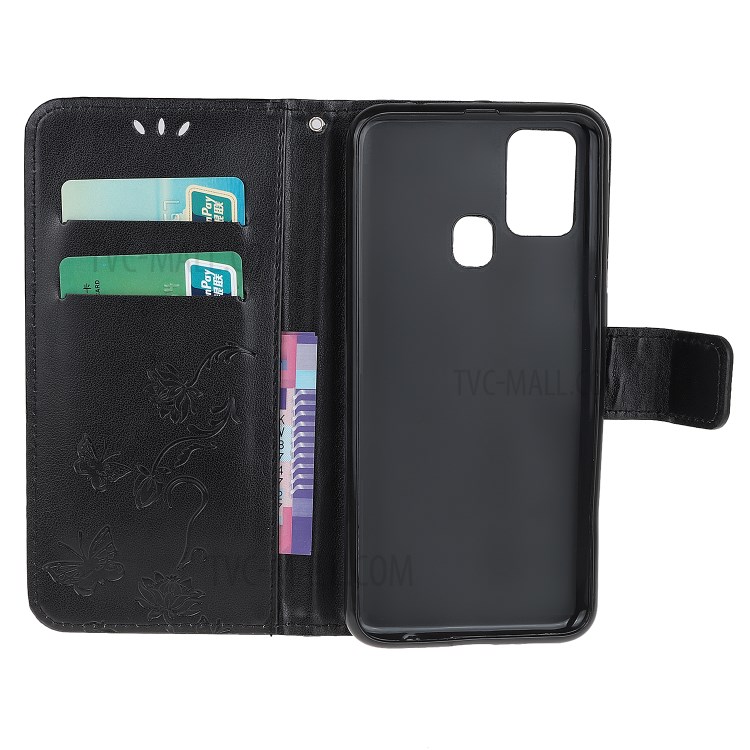 Imprint Butterfly Flower Wallet Leather Flip Case for Huawei P smart 2020 - Black-5