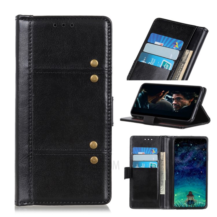 Rivet Decorated Crazy Horse Leather Wallet Case for Honor 9X Lite - Black-1