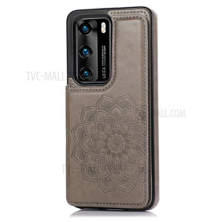 Imprint Mandala Flower Stand Leather Coated TPU Hybrid Cover for Huawei P40 - Grey-1