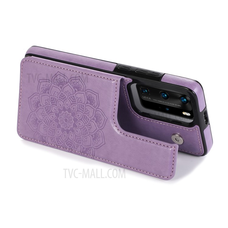 Imprint Mandala Flower Pattern Kickstand Card Holder PU Leather Coated TPU Case for Huawei P40 Pro/P40 Pro Plus - Purple-4