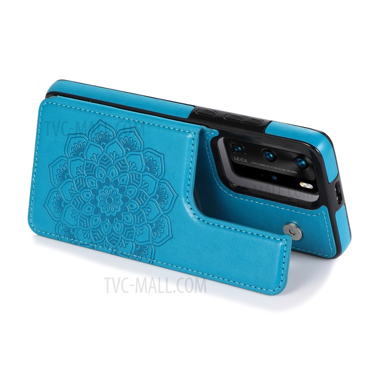 Imprint Mandala Flower Pattern Kickstand Card Holder PU Leather Coated TPU Case for Huawei P40 Pro/P40 Pro Plus - Blue-3