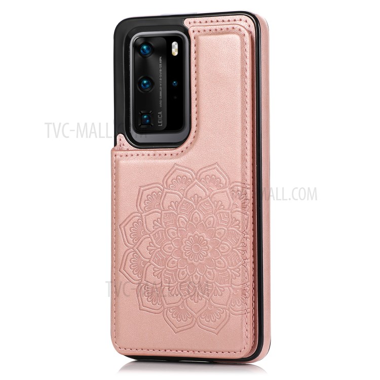 Imprint Mandala Flower Pattern Kickstand Card Holder PU Leather Coated TPU Case for Huawei P40 Pro/P40 Pro Plus - Rose Gold-1