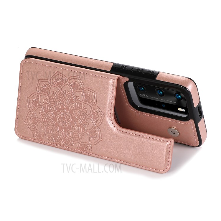 Imprint Mandala Flower Pattern Kickstand Card Holder PU Leather Coated TPU Case for Huawei P40 Pro/P40 Pro Plus - Rose Gold-3