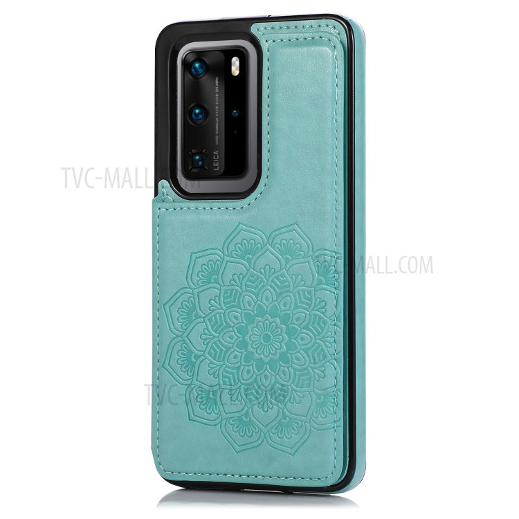 Imprint Mandala Flower Pattern Kickstand Card Holder PU Leather Coated TPU Case for Huawei P40 Pro/P40 Pro Plus - Cyan-1