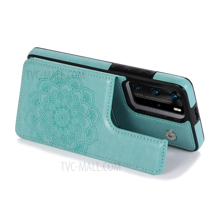 Imprint Mandala Flower Pattern Kickstand Card Holder PU Leather Coated TPU Case for Huawei P40 Pro/P40 Pro Plus - Cyan-3