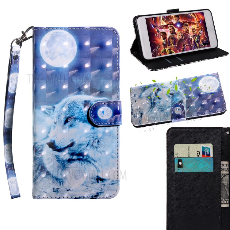 Light Spot Decor Pattern Printing Wallet Stand Leather Case with Strap for Huawei Enjoy 10s - Moon and Wolf-1