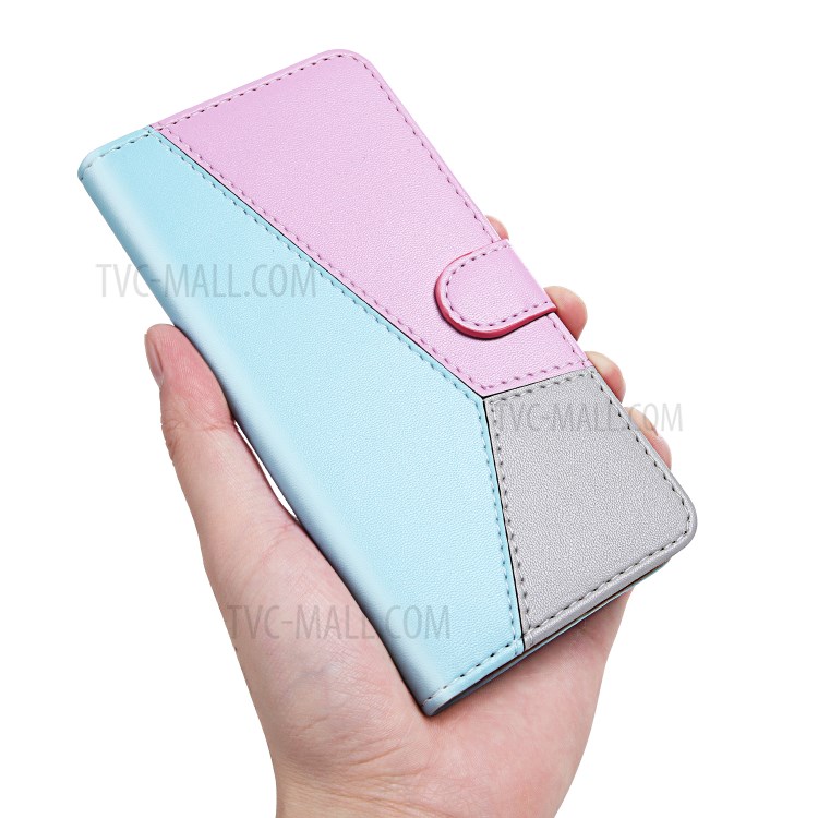 Three-color Splicing PU Leather Wallet Phone Shell for Huawei Y6p - Blue/Purple/Grey-4