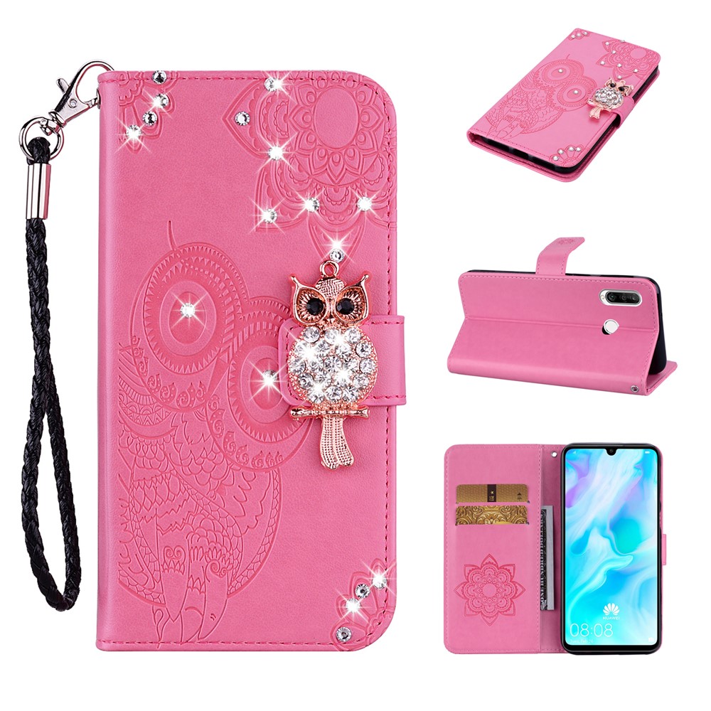 Owl Imprint Rhinestone Decor Leather Phone Cover Case for Huawei Y6p - Rose-1