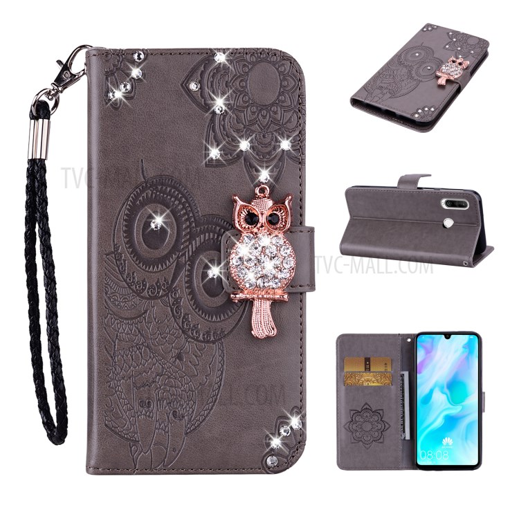 Owl Imprint Rhinestone Decor Leather Phone Cover Case for Huawei Y6p - Grey-1