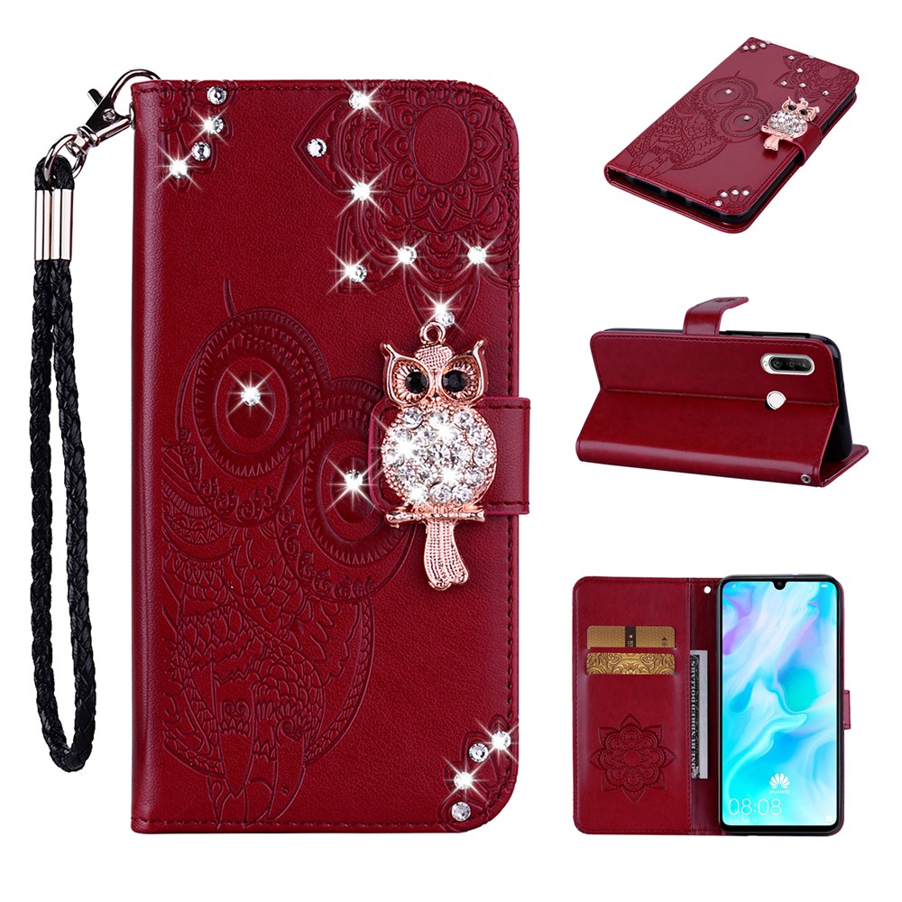 Owl Imprint Rhinestone Decor Leather Phone Cover Case for Huawei Y6p - Red-1