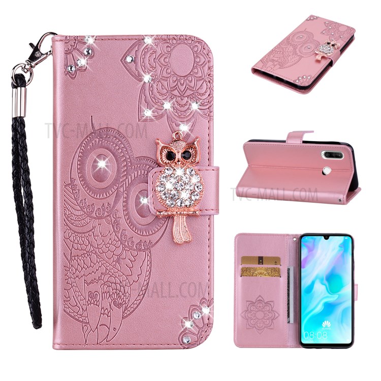 Owl Imprint Rhinestone Decor Leather Phone Cover Case for Huawei Y6p - Rose Gold-1