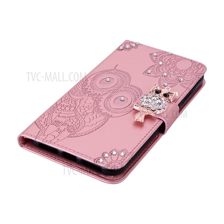 Owl Imprint Rhinestone Decor Leather Phone Cover Case for Huawei Y6p - Rose Gold-3