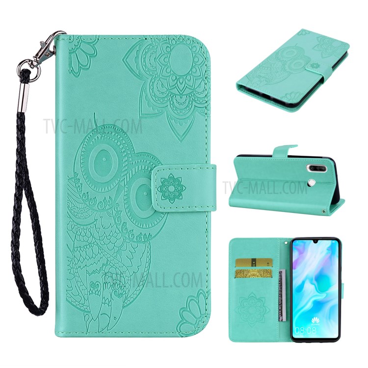 Imprint Flower Owl Pattern Leather Stylish Cell Phone Case Shell for Huawei Y6p - Cyan-1