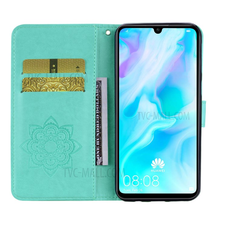 Imprint Flower Owl Pattern Leather Stylish Cell Phone Case Shell for Huawei Y6p - Cyan-7