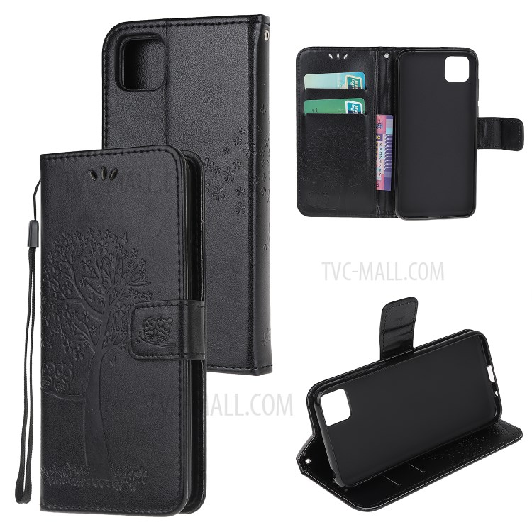 Imprint Tree Owl Wallet Leather Tablet Cover Case for Huawei Y5p - Black-1