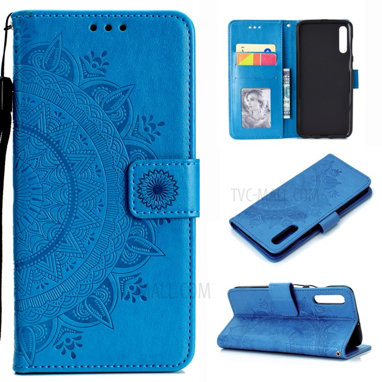 Imprinted Mandala Flower Wallet Leather Cover with Strap for Huawei Y8p - Blue-1