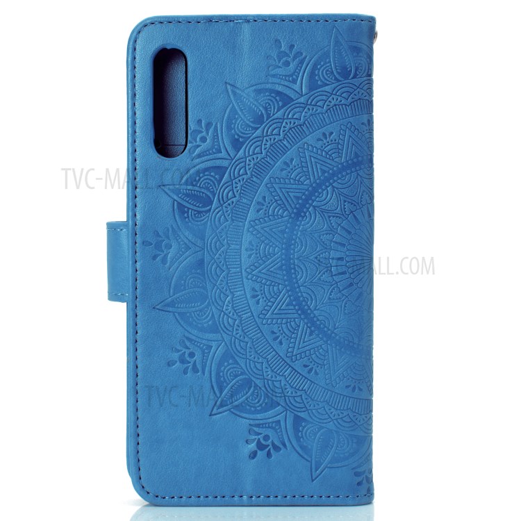 Imprinted Mandala Flower Wallet Leather Cover with Strap for Huawei Y8p - Blue-4