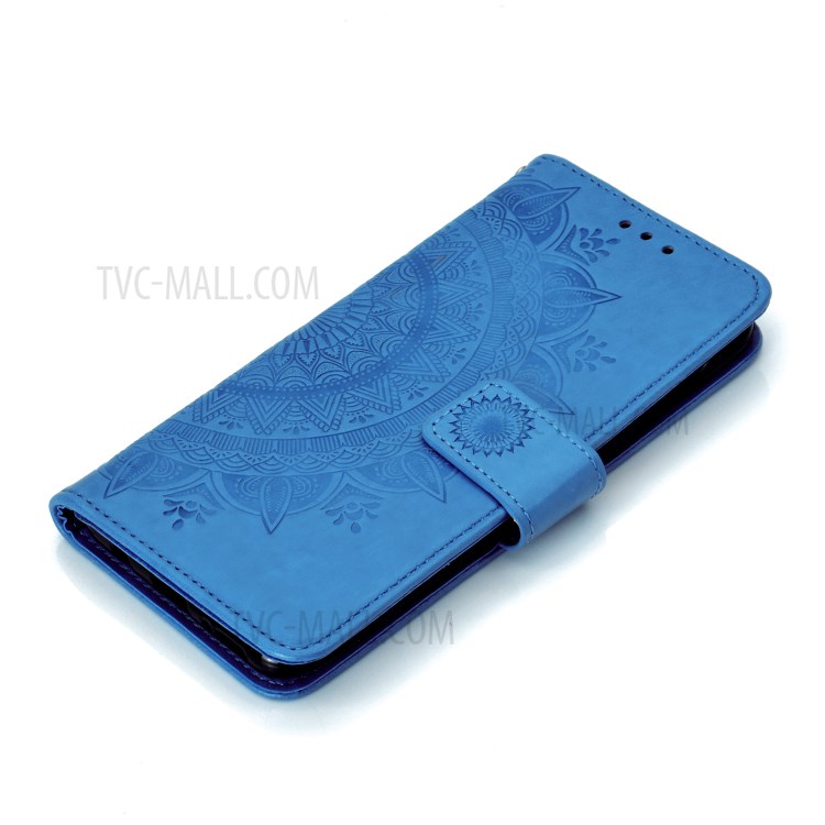 Imprinted Mandala Flower Wallet Leather Cover with Strap for Huawei Y8p - Blue-7