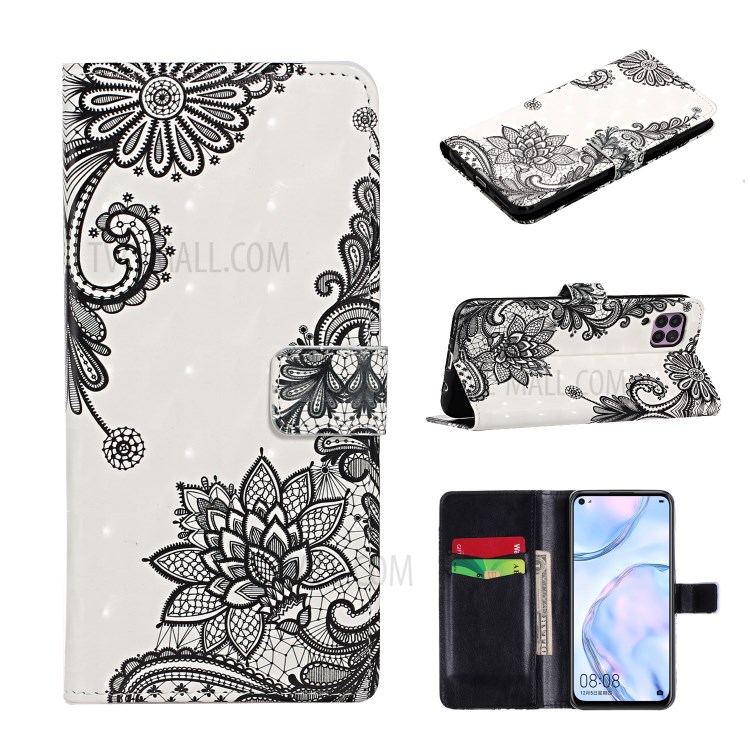 Light Spot Decor Pattern Printing Wallet Stand Leather Phone Shell for Huawei P40 lite 4G - Lace Flower-1