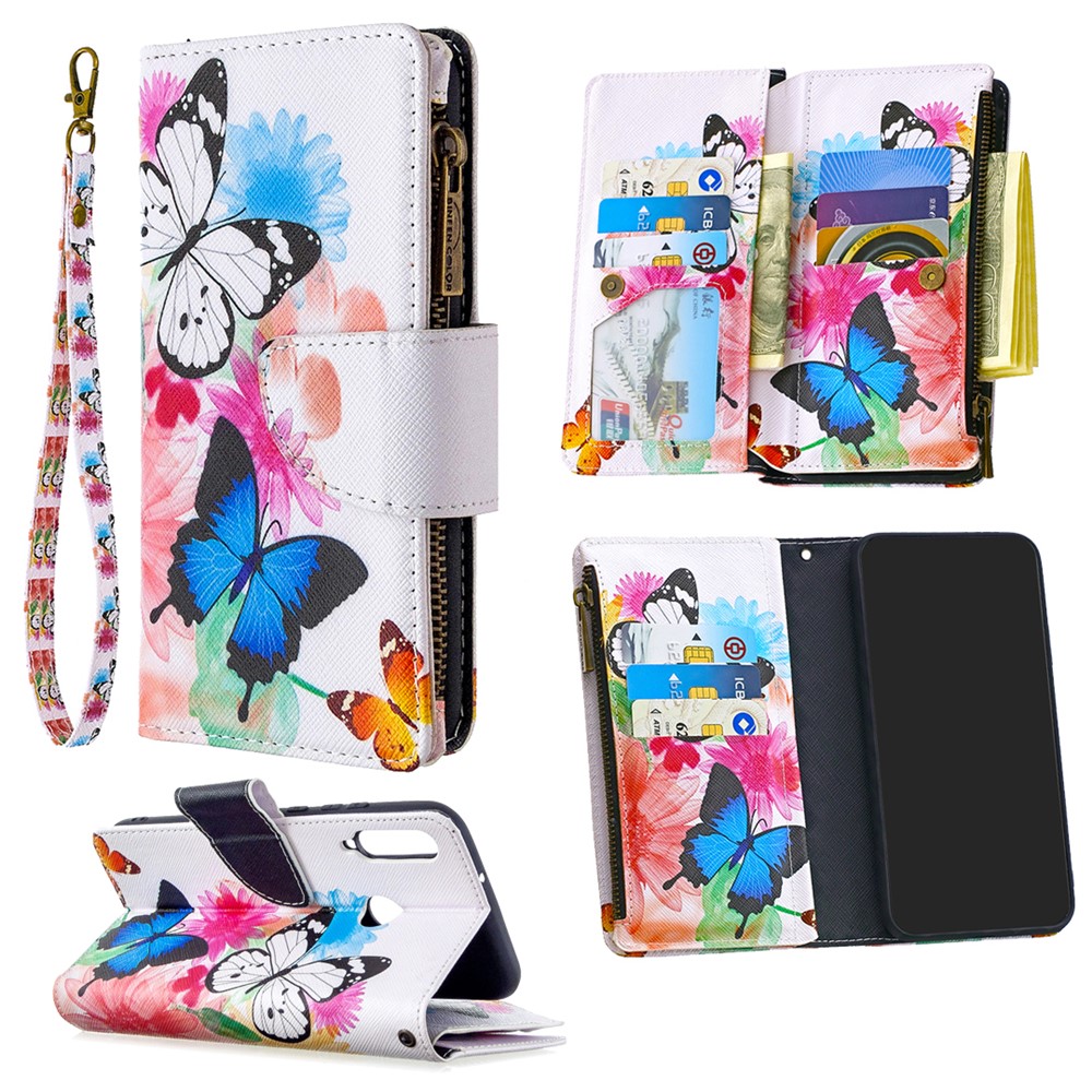 Pattern Printing Leather Stand Mobile Phone Cover with Zipper Wallet for Huawei Y7p/P40 lite E - Butterfly and Flower-1