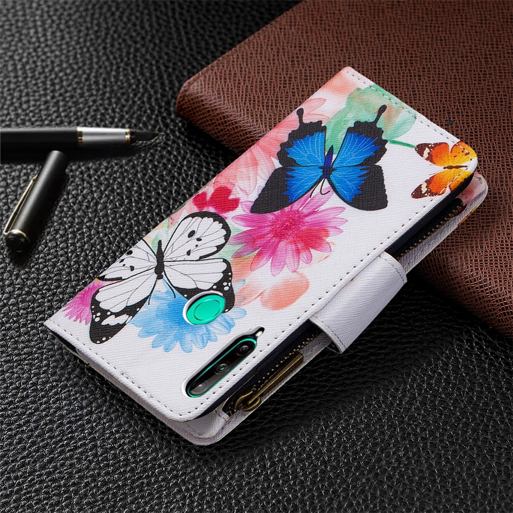 Pattern Printing Leather Stand Mobile Phone Cover with Zipper Wallet for Huawei Y7p/P40 lite E - Butterfly and Flower-3