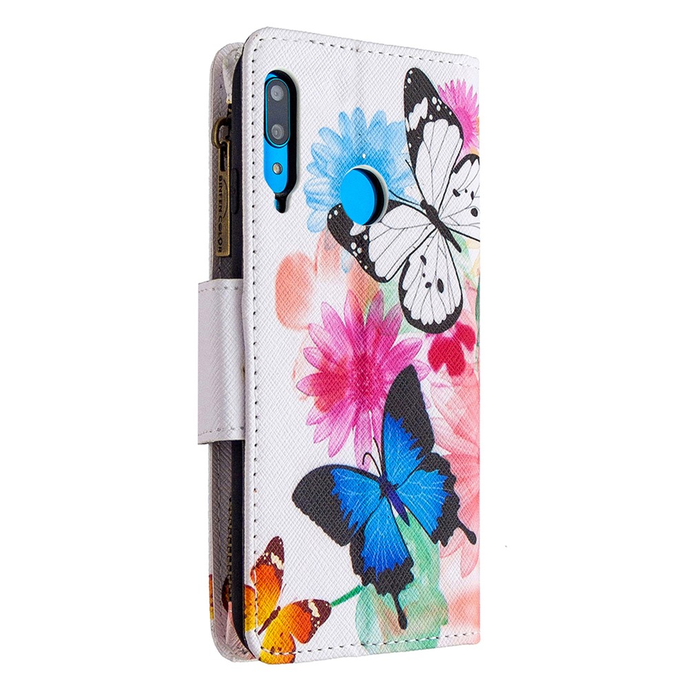 Pattern Printing Leather Stand Mobile Phone Cover with Zipper Wallet for Huawei Y7p/P40 lite E - Butterfly and Flower-5