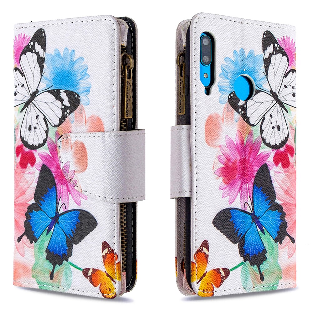 Pattern Printing Leather Stand Mobile Phone Cover with Zipper Wallet for Huawei Y7p/P40 lite E - Butterfly and Flower-6