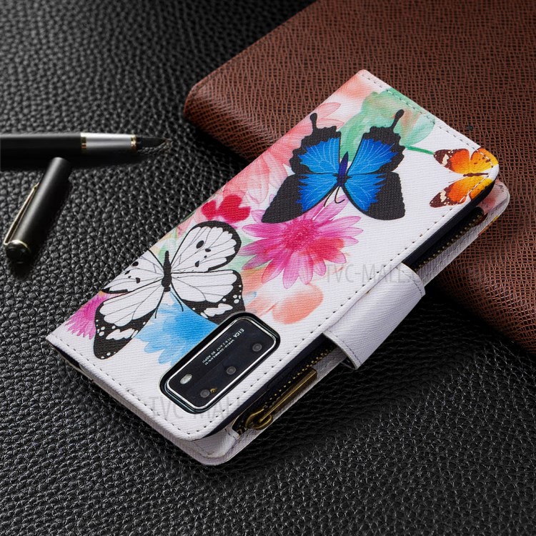 Pattern Printing Zipper Wallet Stand Leather Shell for Huawei P40 - Butterfly and Flower-3