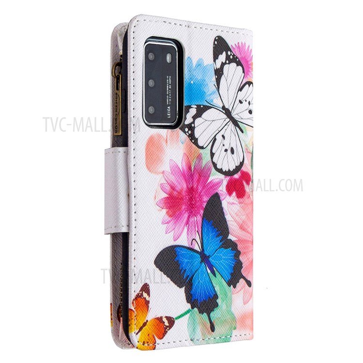 Pattern Printing Zipper Wallet Stand Leather Shell for Huawei P40 - Butterfly and Flower-5