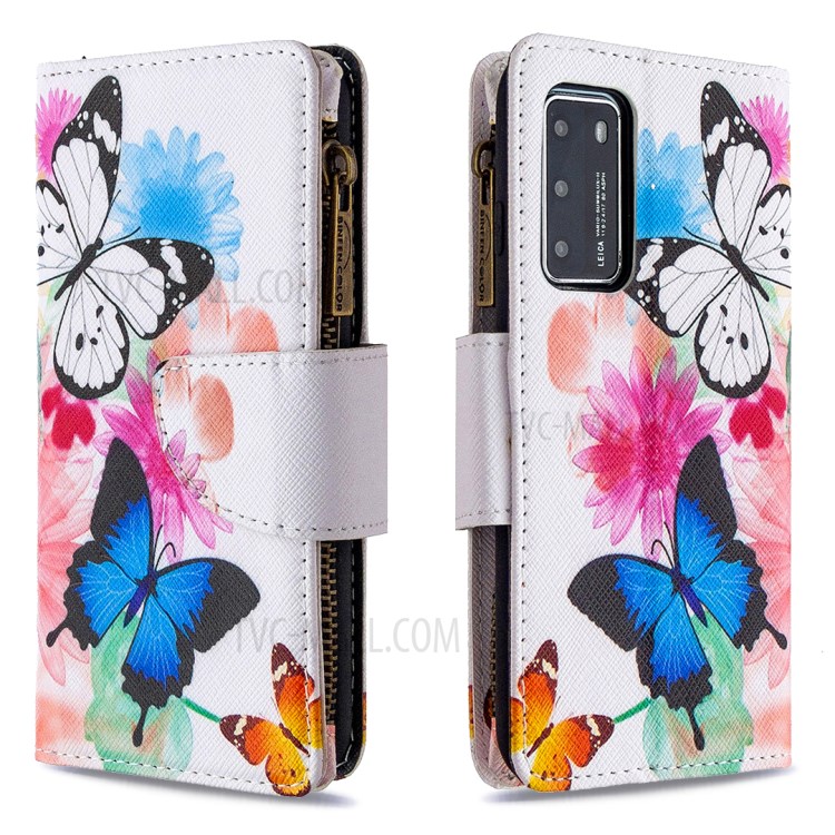 Pattern Printing Zipper Wallet Stand Leather Shell for Huawei P40 - Butterfly and Flower-6