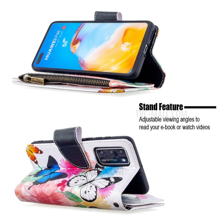 Stampa Modello Shell Cuoio Del Basamento Cerniera Portafoglio Per P40 Huawei - Farfalle E Fiori-7